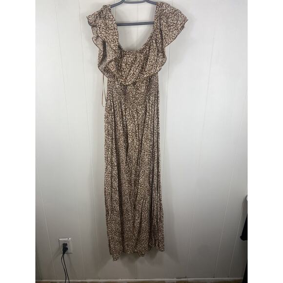 Old Navy Women’s Off The Shoulder Maxi Dress Size XXL Tall Brown Tropical Print - Picture 7 of 9